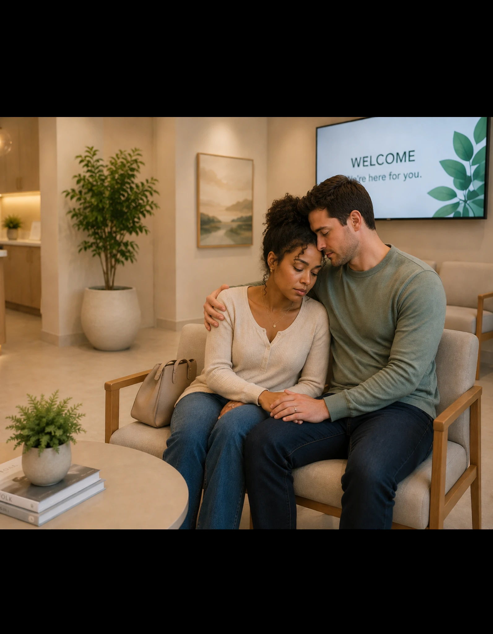 Supportive couple in waiting room